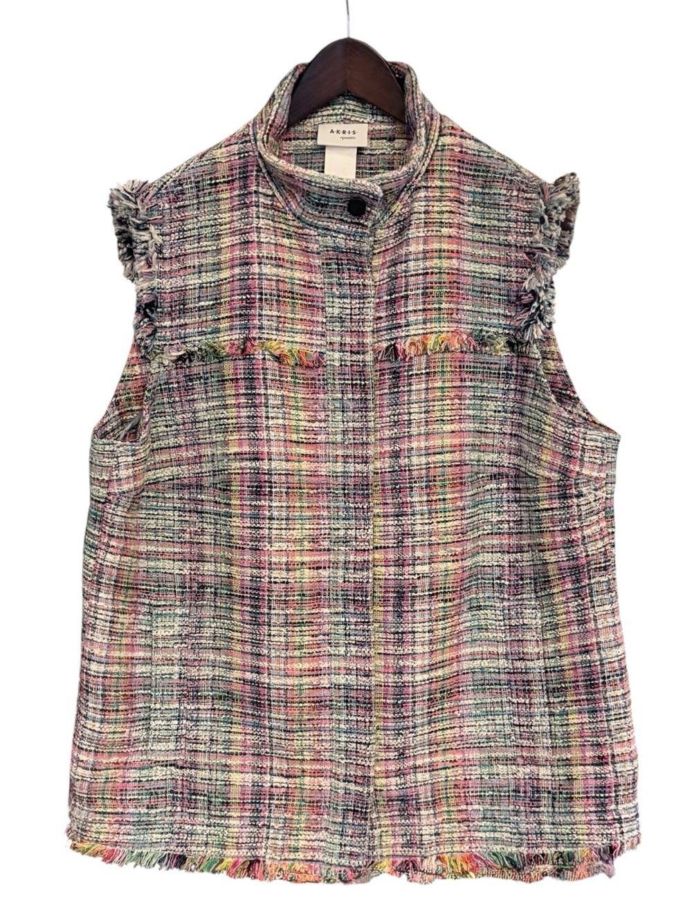 Akris Punto Multicolor Plaid Tweed Bouclé Fringe Vest Jacket US 18